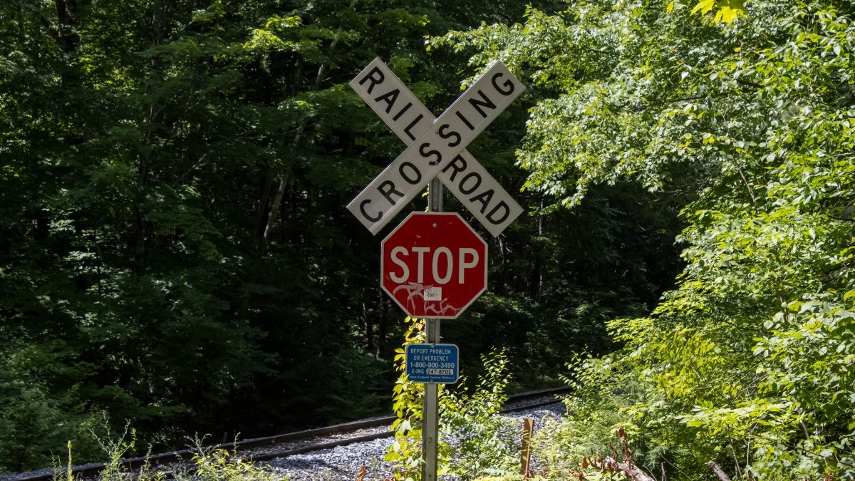 Close-up of a railroad crossing and stop sign in a wooded area in Sunderland, Massachusetts.
