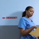 A nurse in blue scrubs reads a folder near an emergency room sign in a hospital.