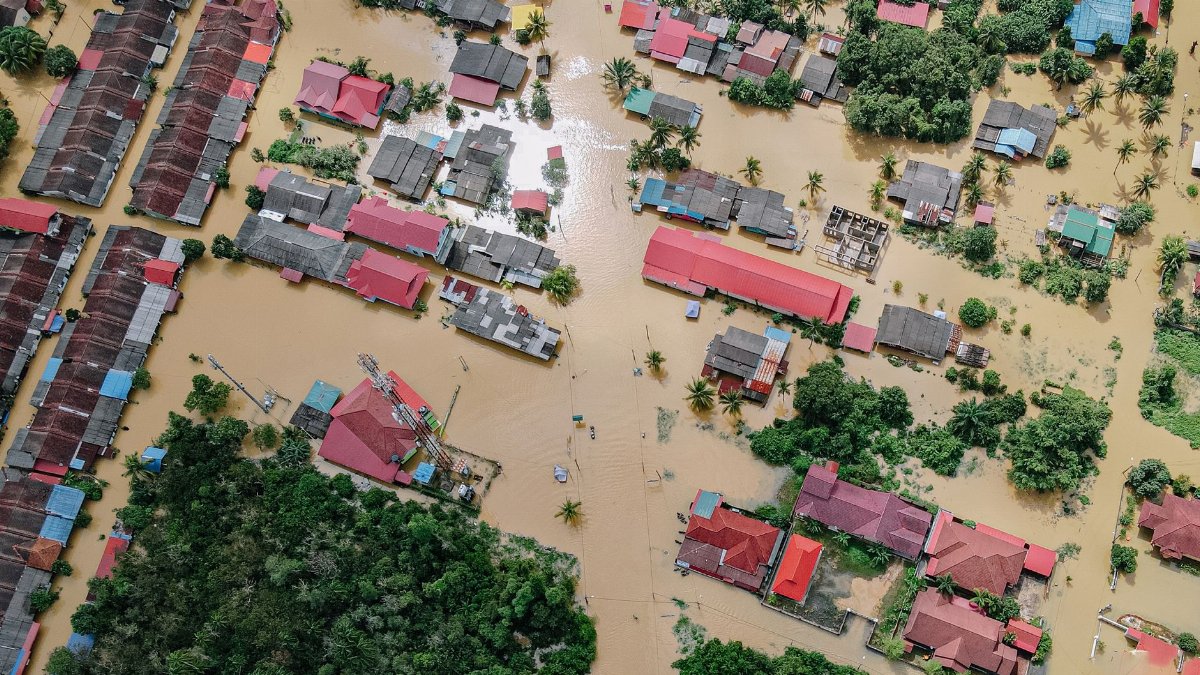 Aerial view of colorful roofs of residential buildings and verdant trees in flooded small village