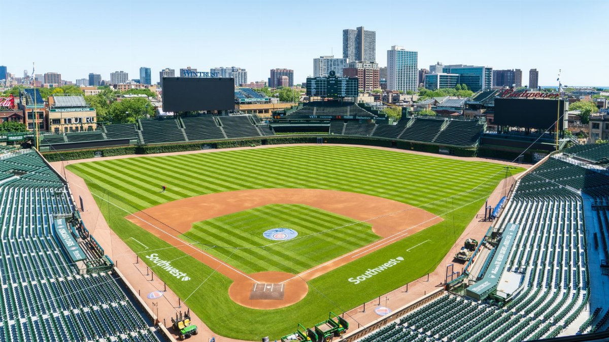 Expansive view of Wrigley Field, home of the Chicago Cubs, showcasing the vibrant stadium and cityscape.