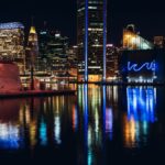 Vibrant Baltimore skyline at night with reflections on Inner Harbor water.