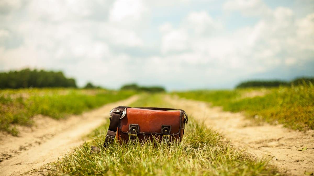 A vintage leather satchel lies on a grassy country lane under a bright sky.