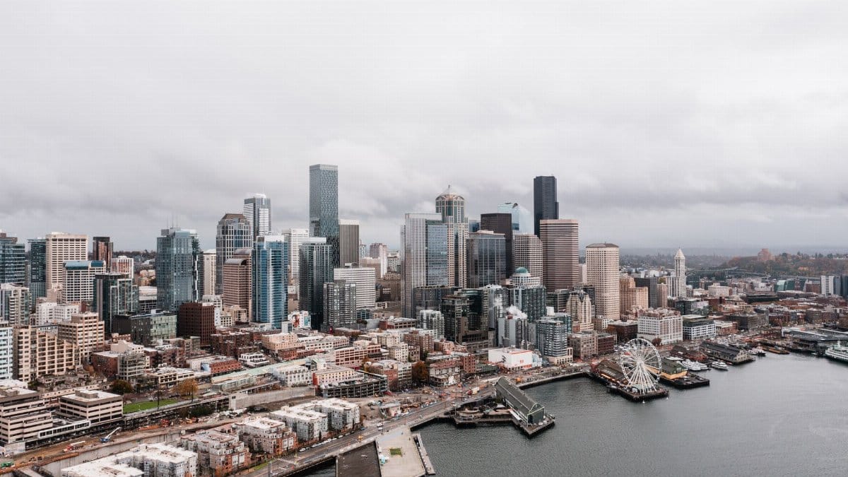 Aerial view of Seattle's downtown skyline featuring iconic skyscrapers and waterfront.