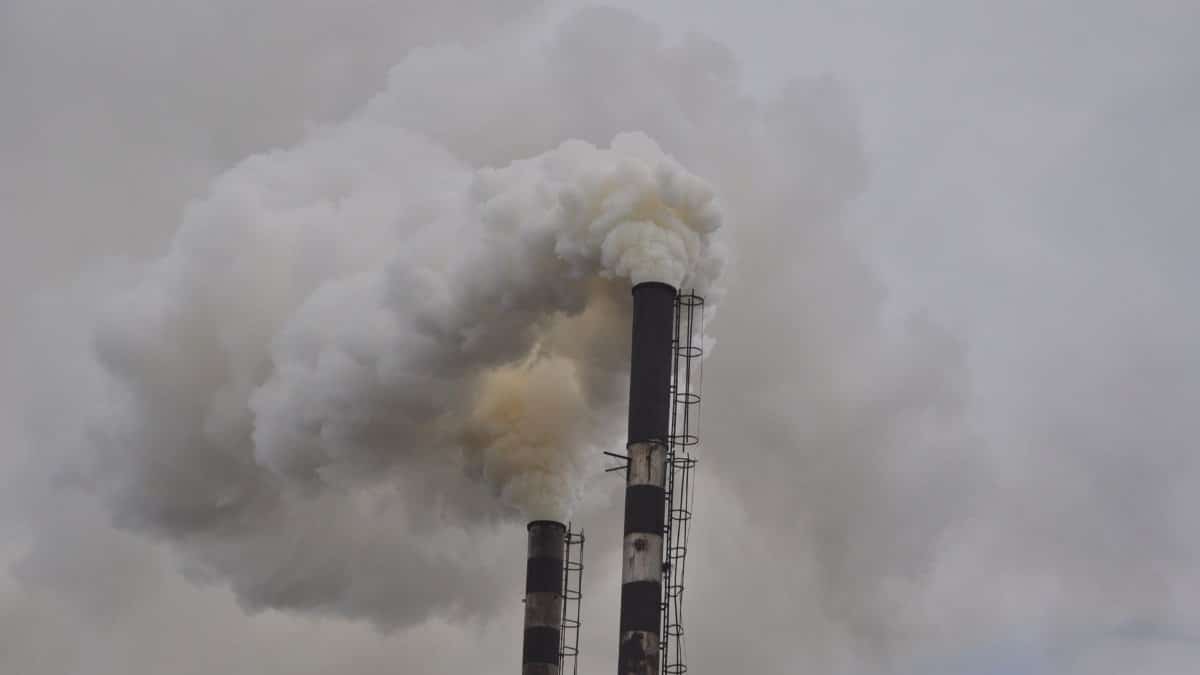 Two smokestacks releasing dense smoke into the overcast sky, highlighting industrial pollution.