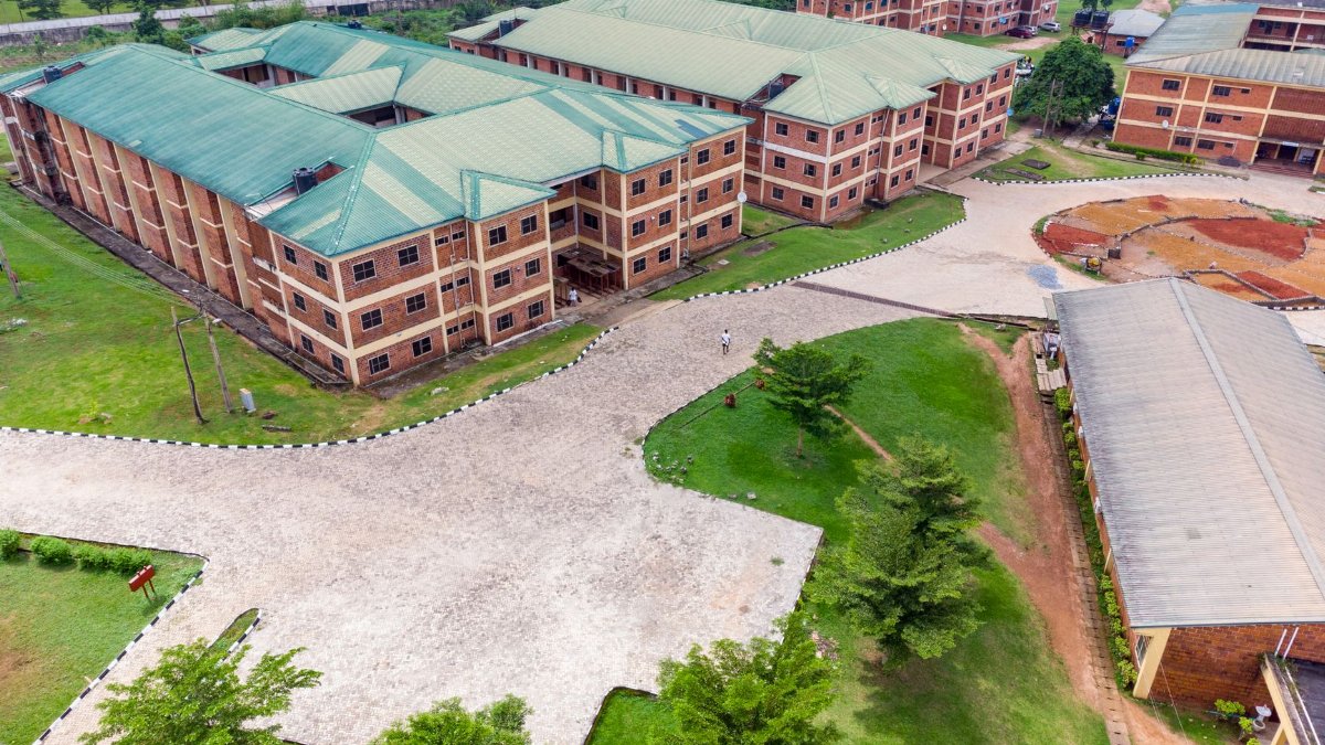 Aerial shot of a university campus in Ota, Nigeria, showcasing modern educational architecture.