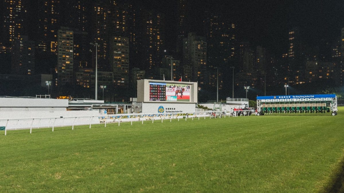 Nighttime horse racing at Happy Valley Racecourse with city skyline backdrop on Hong Kong Island.