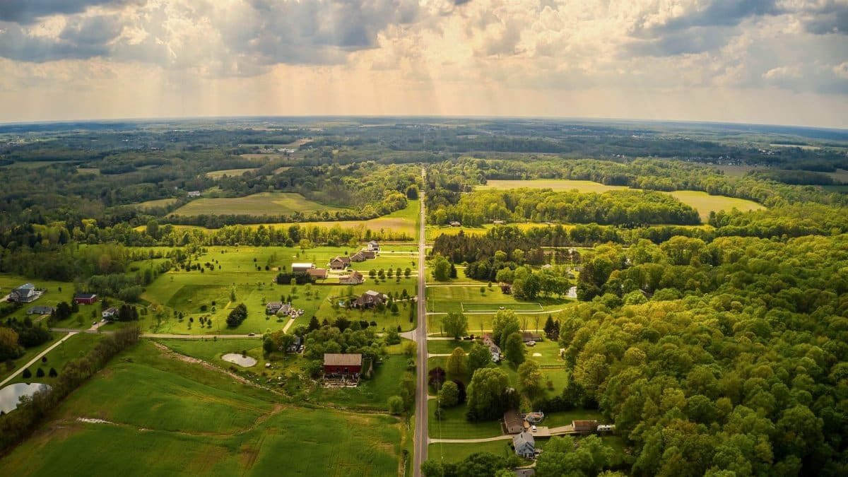 Discover the scenic aerial view of Valley City, Ohio, showcasing lush greenery and rural charm on a sunny day.