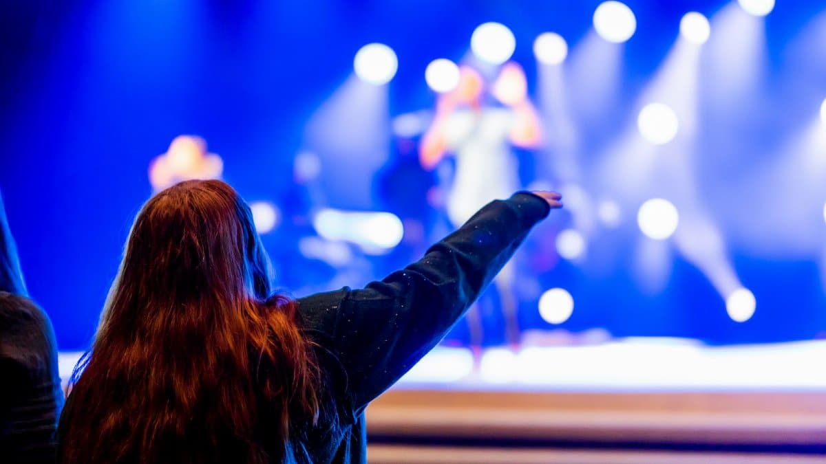 A vibrant concert scene with an engaged audience member enjoying live music on stage.