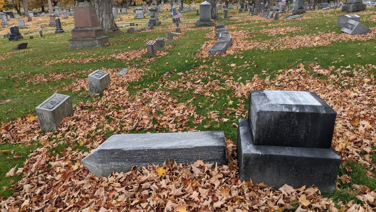 Tranquil cemetery scene with gravestones surrounded by autumn leaves in a fall setting.