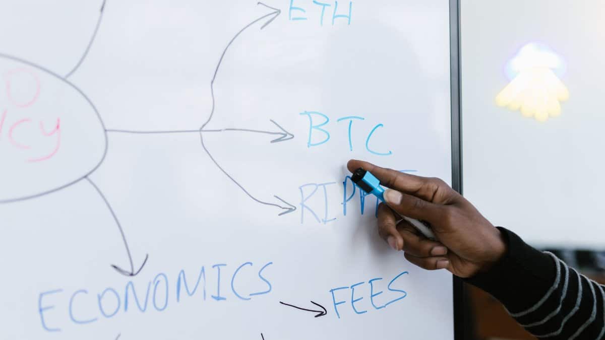 Close-up of hand writing cryptocurrency related words on a whiteboard, featuring BTC, ETH, and economics.