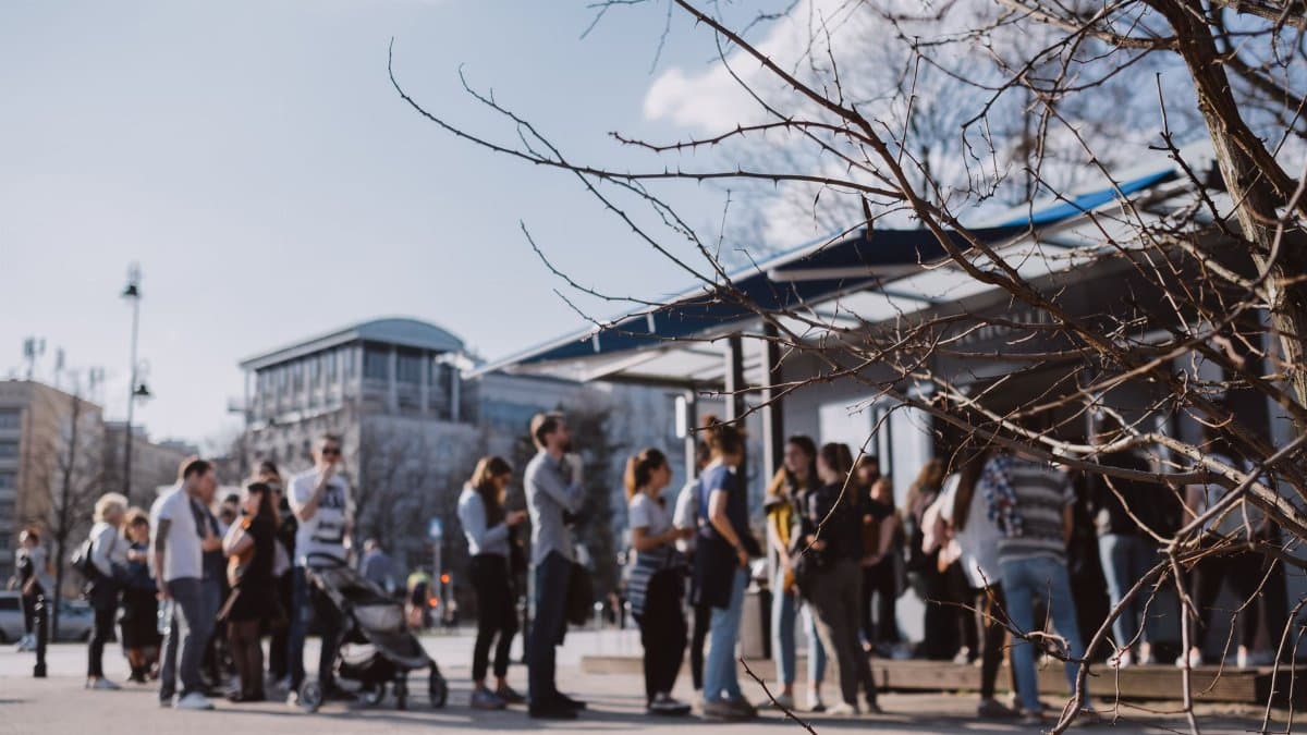 A group of adults queue outdoors near modern buildings, a bare tree in focus.
