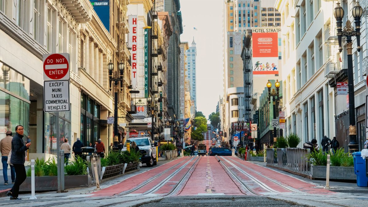 Bustling street view of Union Square, San Francisco with iconic architecture and urban life.