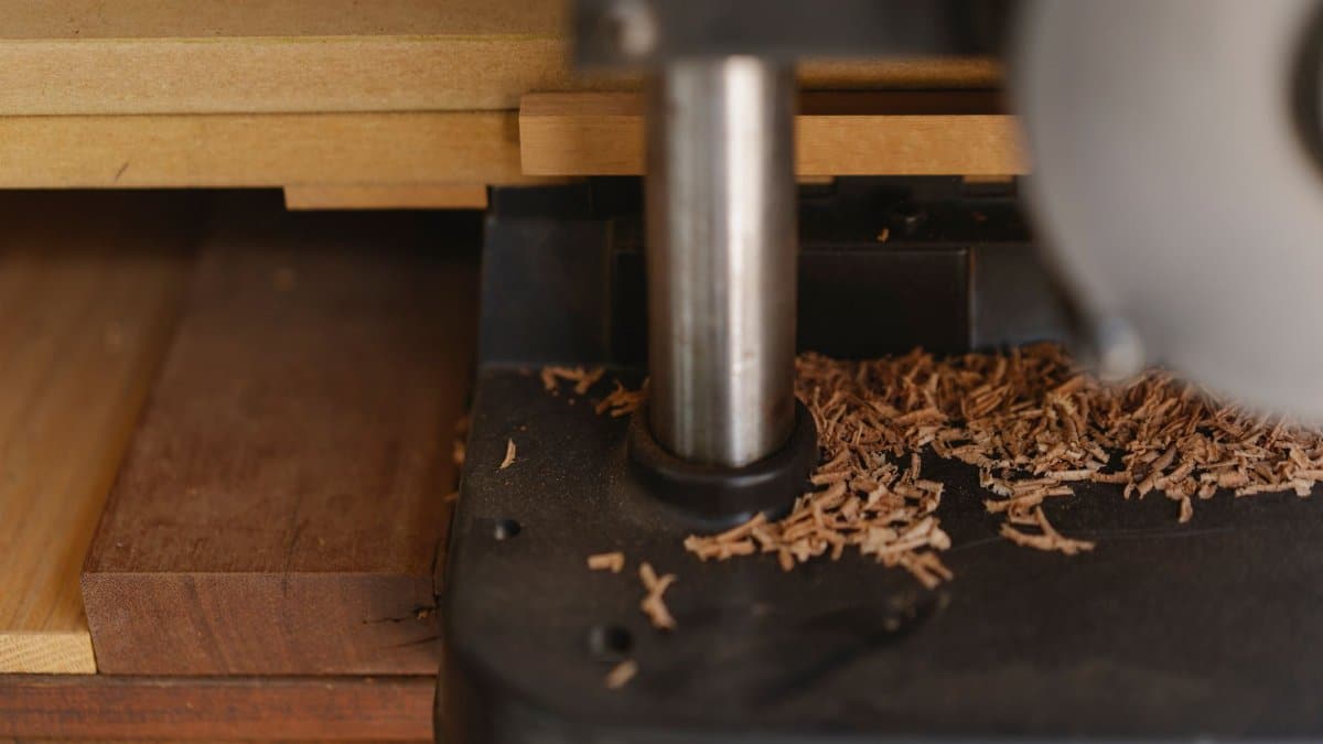 Closeup of electric machine for joinery with stainless steel part and shavings on table in workroom