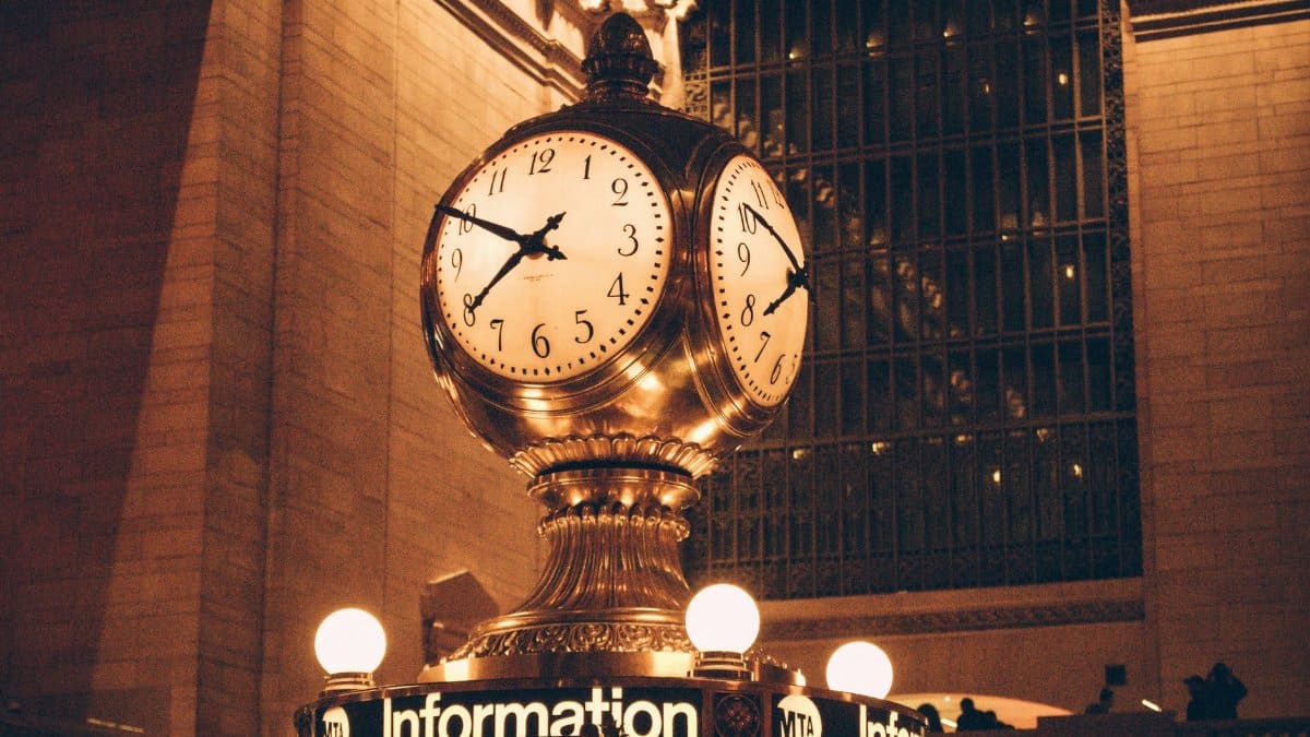 Close-up of the iconic clock above the information booth at Grand Central Terminal, New York City.