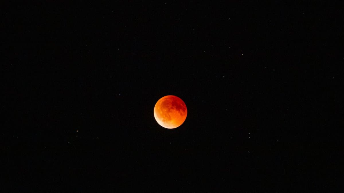 Stunning image of a blood moon captured during a lunar eclipse against a starry night sky.
