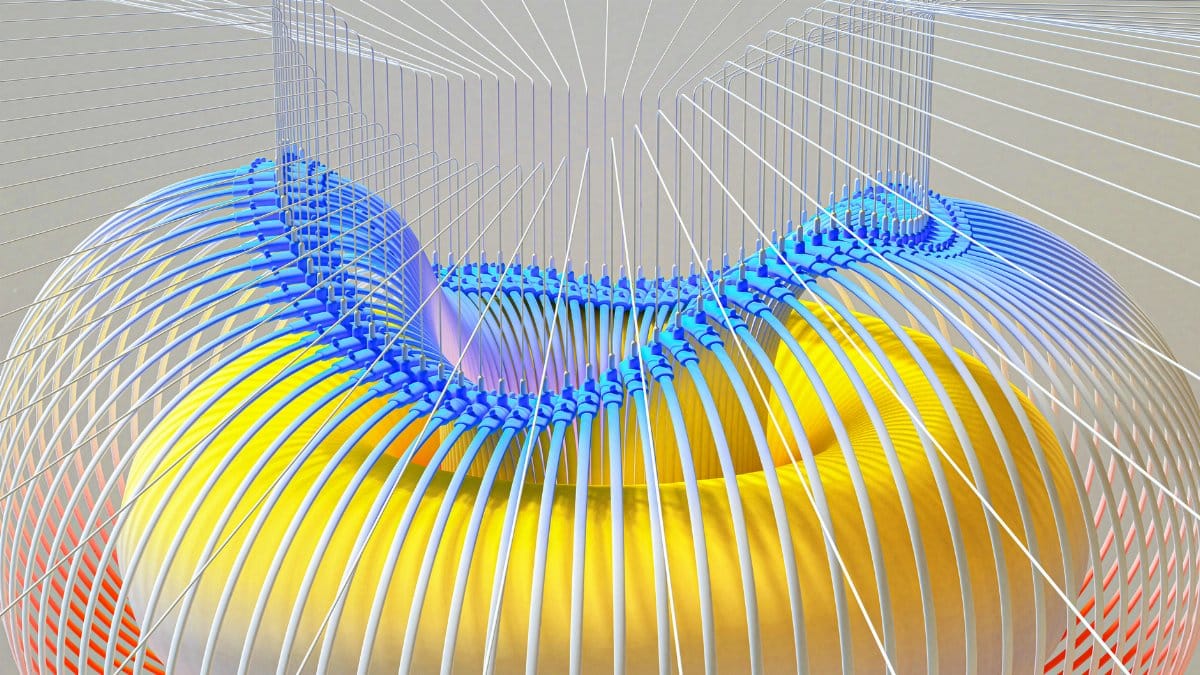 A dynamic 3D render with vibrant colors and a wireframe pattern, symbolizing modern technology.