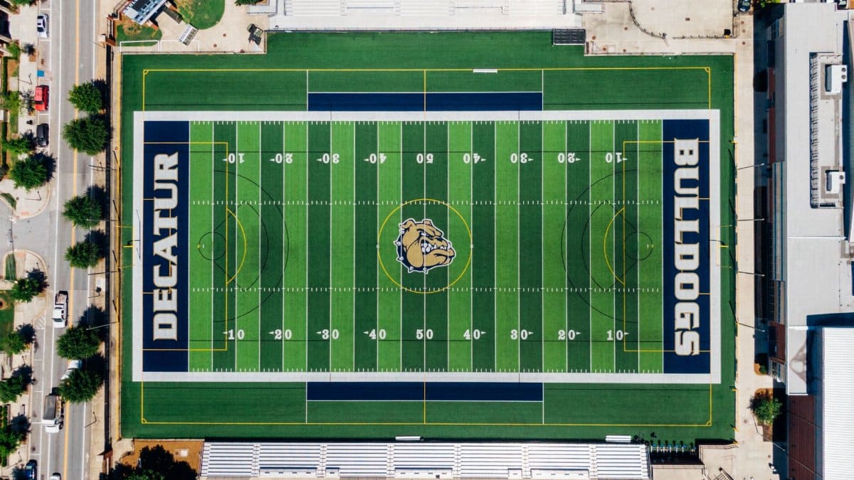 Top-down view of Decatur High School's Bulldogs football field in Georgia, USA.