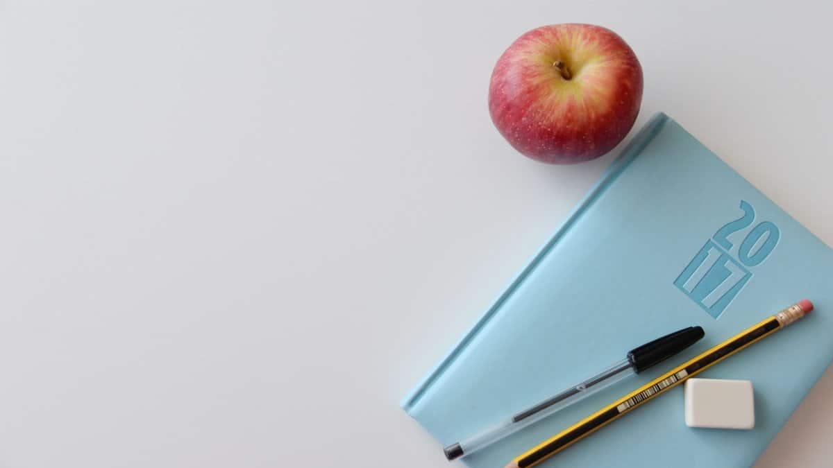 A minimalist flat lay of a study desk with a red apple, blue journal, pencil, pen, and eraser.