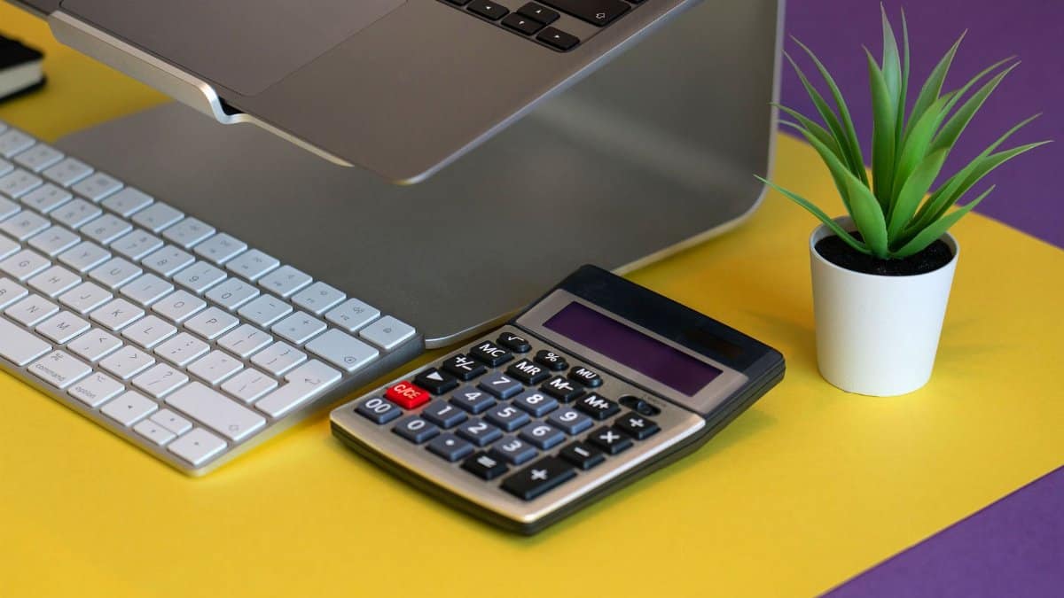 A stylish workspace featuring a laptop, calculator, and plant on a colorful background.