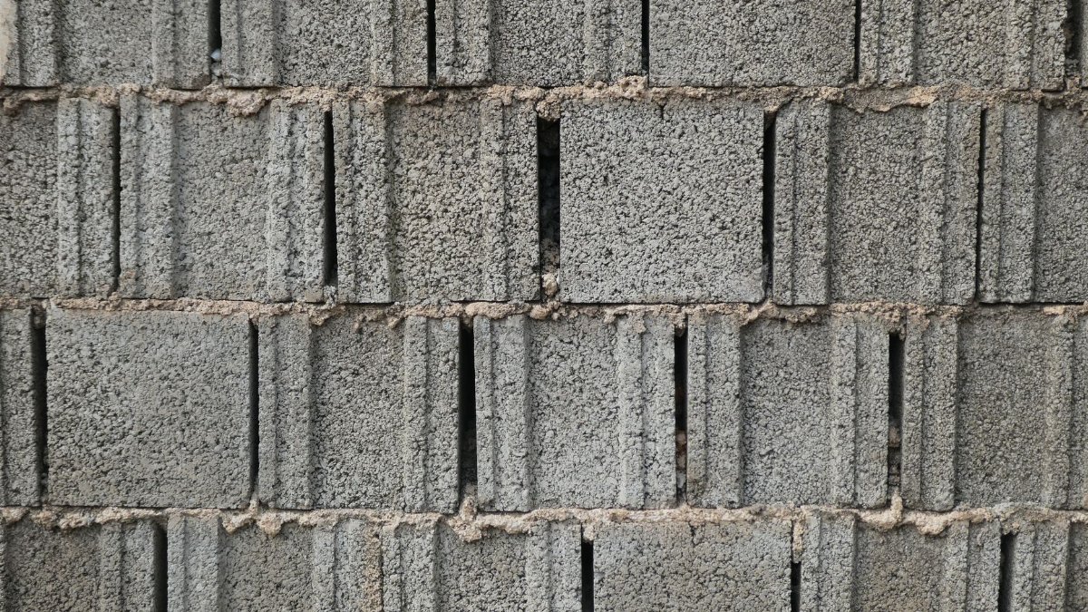 Close-up of a gray cinder block wall with a rough texture, perfect for backgrounds.