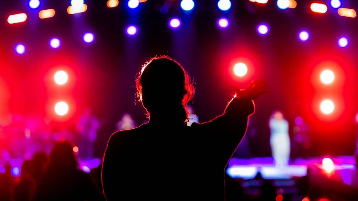 A silhouetted figure enjoys a colorful music concert under vibrant stage lights.