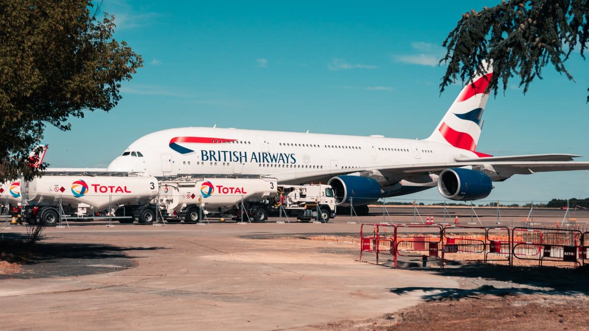 A British Airways A380 being serviced at the airport in Déols, France.