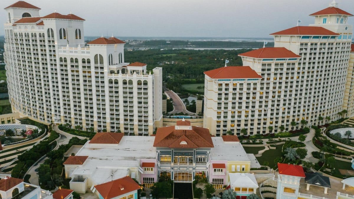 Stunning aerial view of a luxurious resort in the Bahamas. Perfect for travel and architecture enthusiasts.