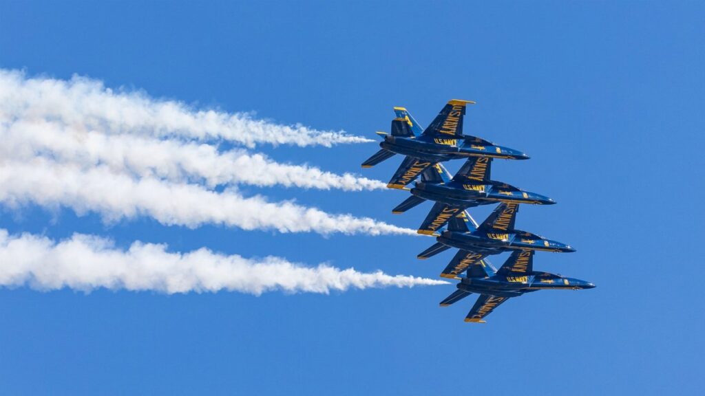 US Navy Blue Angels perform a stunning aerial display over San Francisco.