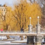Winter view of the Boston Public Garden bridge with snow and bare trees along with people walking.