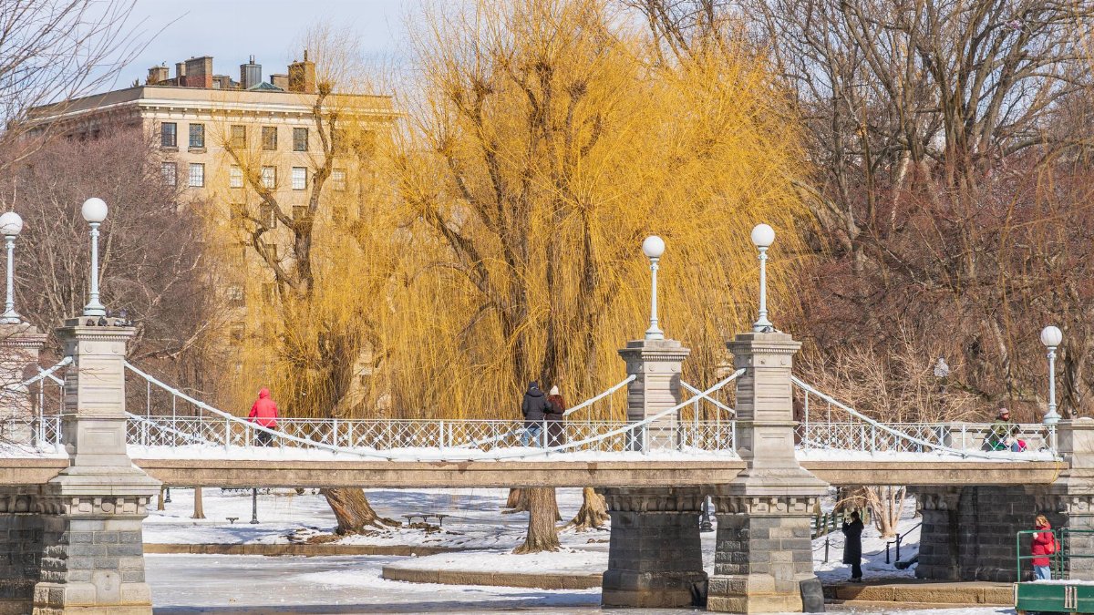 Winter view of the Boston Public Garden bridge with snow and bare trees along with people walking.