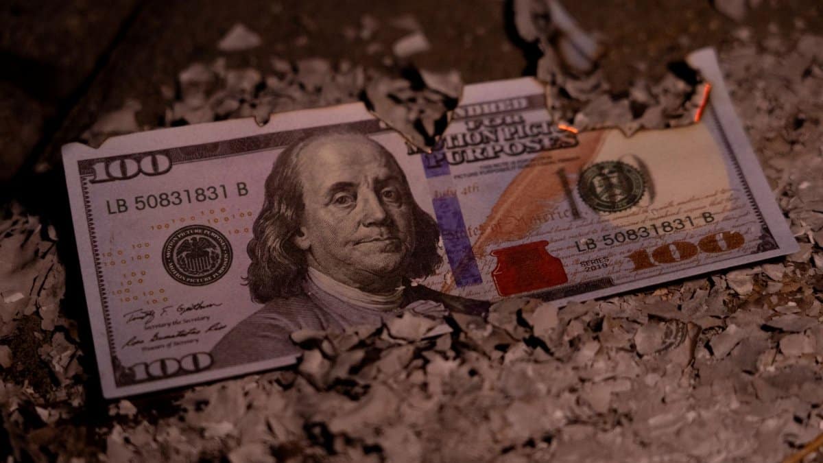 A partially burnt 100 dollar bill lies among ashes, symbolizing loss or financial ruin.