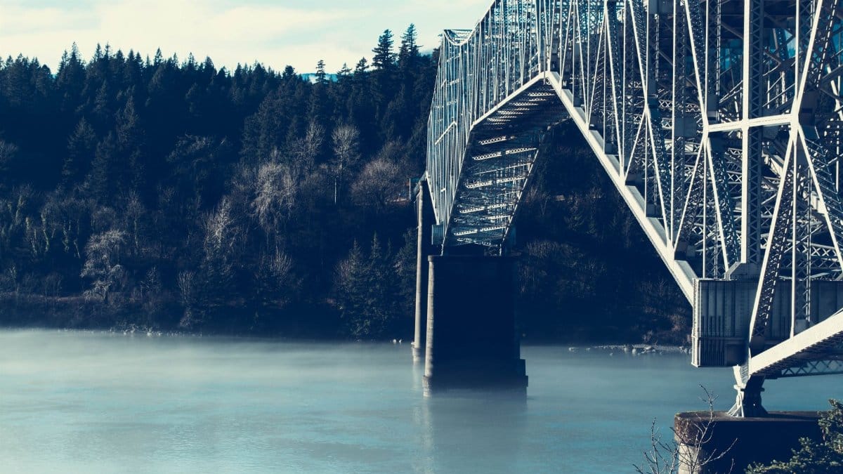 Steel suspension bridge crossing a fog-covered river with forest background.