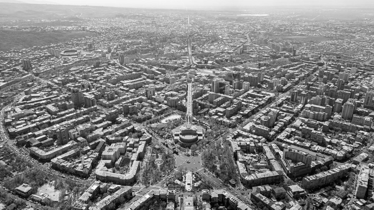 Stunning black and white aerial view of Yerevan, Armenia, showcasing the city's layout and architecture.