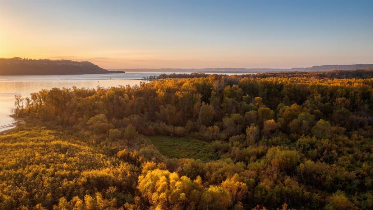 Captivating aerial view of Frontenac's autumn foliage and serene waterscape at sunset.