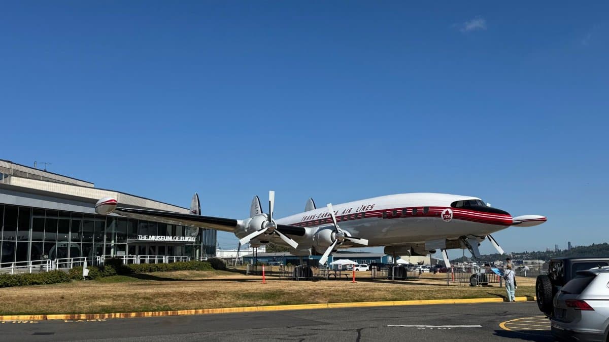 A vintage Trans World Airlines plane exhibited at The Museum of Flight on a sunny day.