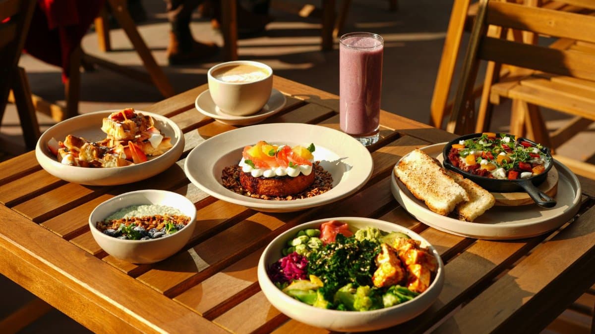 Delicious brunch assortment with fruits, salad, coffee, and smoothie outdoors.
