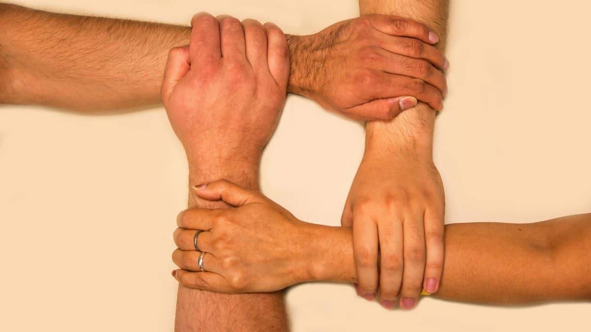 Four hands interlocked, representing unity and teamwork in a symbolic gesture.