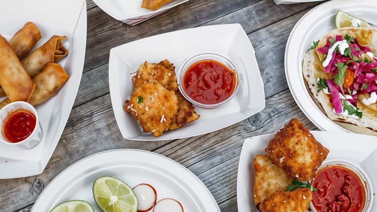 Explore a vibrant selection of street food dishes featuring tacos, spring rolls, and more, beautifully presented.