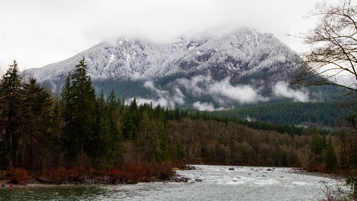 Breathtaking view of the Snohomish River flowing through a forested landscape with snow-capped mountains in Washington.