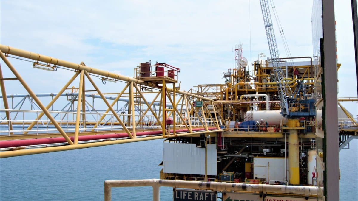 A detailed view of an offshore oil rig in Indonesian waters, highlighting industrial engineering.