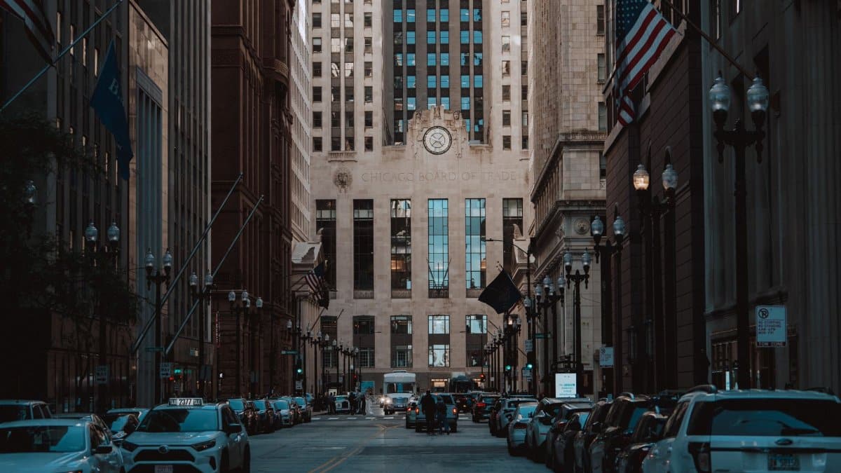 View of the Chicago Board of Trade Building, showcasing urban architecture and city life.