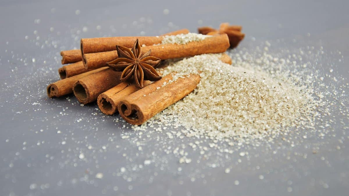 Close-up of cinnamon sticks and star anise on a sugar pile, perfect for winter recipes.