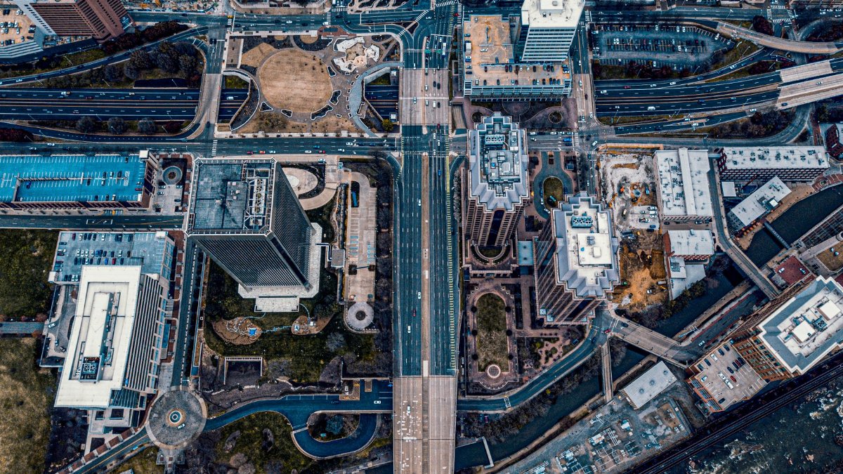 Stunning aerial view of Richmond, Virginia, showcasing modern architecture and urban layout.