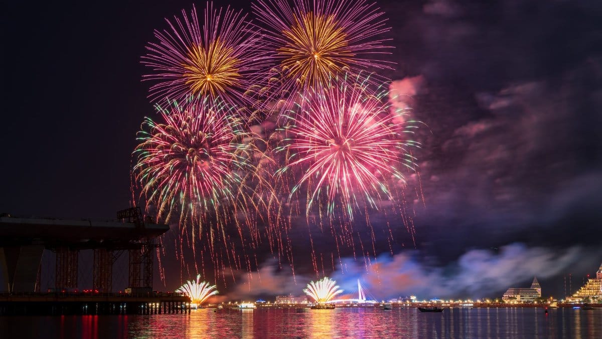 Vibrant fireworks display illuminating the night sky over a serene waterfront scene with reflections.