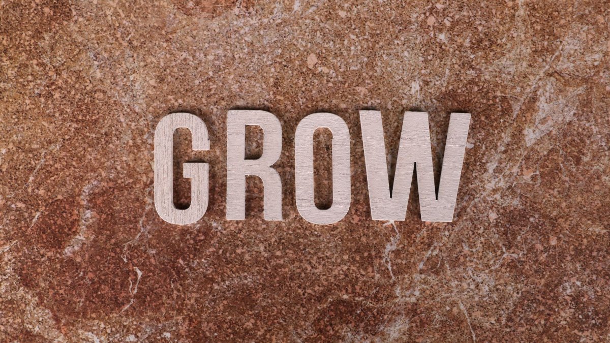 The word 'GROW' in wooden letters on a textured marble surface.