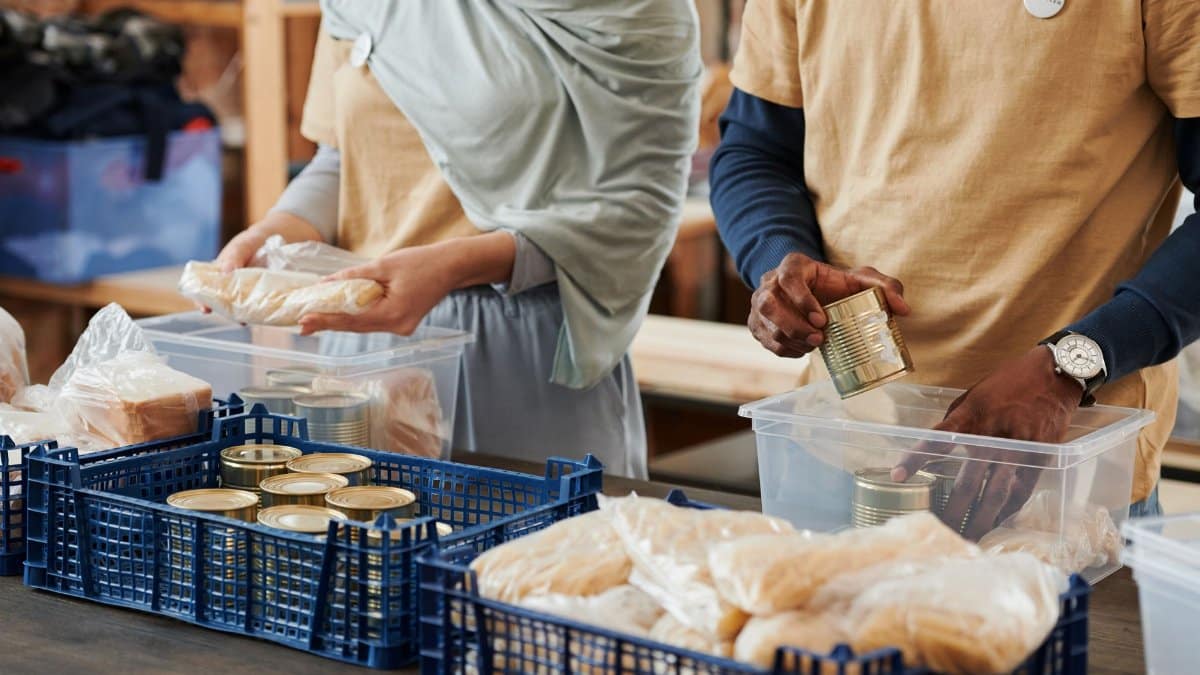 Adults sorting food donations in containers for charity. Community service effort indoors.