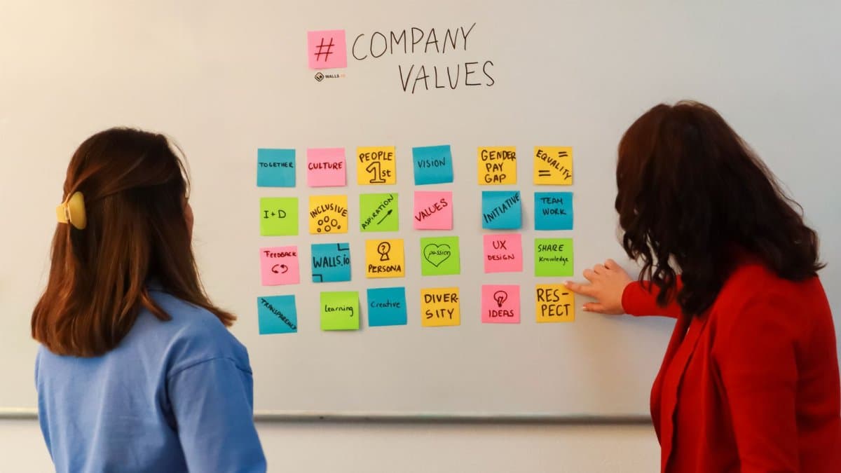 Two women collaborate on company values brainstorm using colorful sticky notes on a whiteboard.