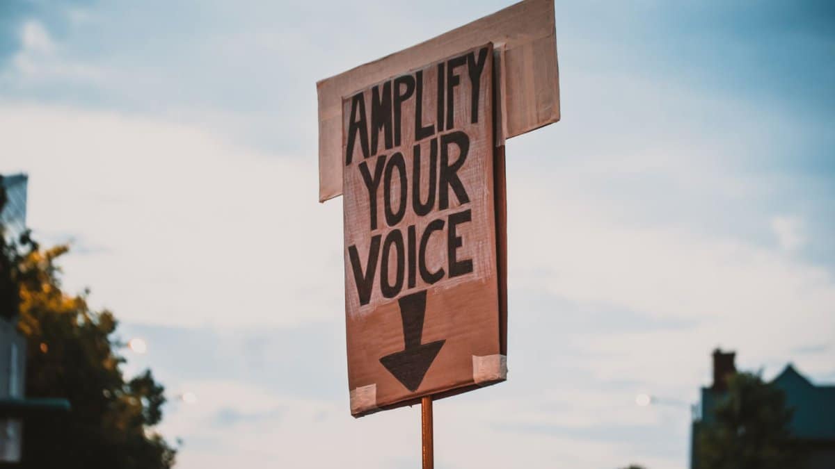 Low angle cardboard placard with amplify your voice inscription against cloudy evening sky during manifestation