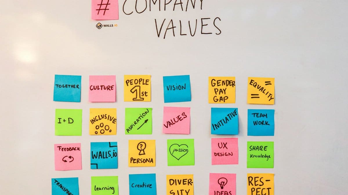A display of company values using colorful sticky notes on a whiteboard.