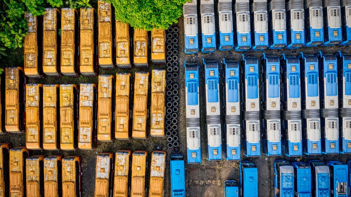 Aerial shot of parked yellow and blue buses surrounded by green trees.